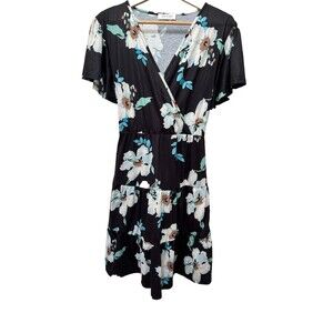 Navins Women Floral Print Faux Wrap Tiered A-Line Swing Knee Length Dress XL